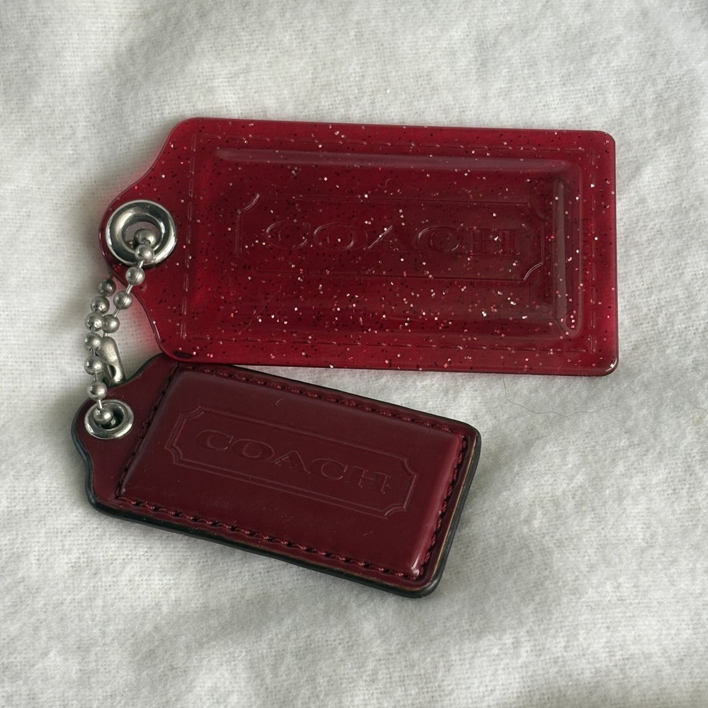 COACH 3.25" Hang Tag Fob Bag Charm Red Glitter & Burgundy Leather, Silver Chain